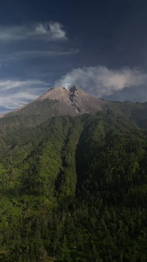 Aerial view of Mount Merapi volcano seen from Klangon Hills Stock Footage 347527819
