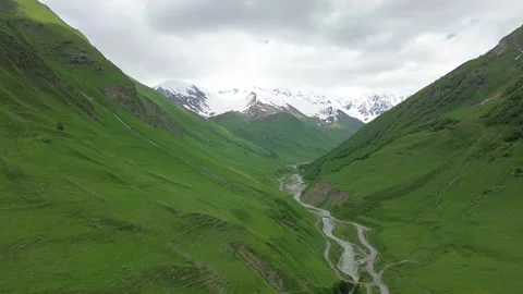 Aerial View, Mount Shkhara and Enguri River Valley, Georgia Stock Footage 339346030