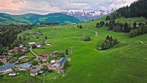 Aerial view of Mountain cable car in France. Gondola lift station. Stock Footage 274307197