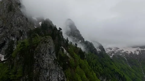 Aerial view mountain cloudy landscape, green canyon Video stock 249999510