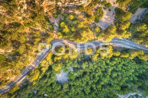 Aerial view of mountain curve road with cars, green forest Stock Photos