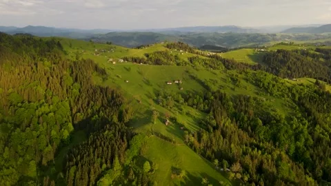 Aerial view on mountain forests, fields, farm houses in the Carpathians Stock Footage 169755260