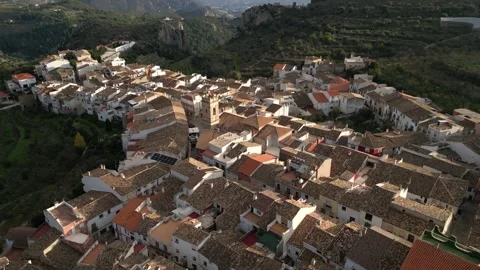 Aerial view Mountain landscape in old town Tarbena, tilt down, Alicante, Spain Stock Footage 252534635