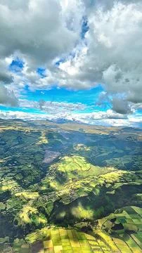 Aerial view of mountain landscape with patchwork. 库存照片