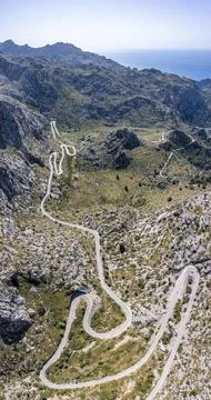 Aerial view mountain pass with switchbacks to Sa Colobra Serra de Tramuntana Stock Photos