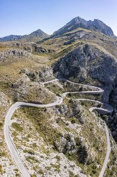 Aerial view mountain pass with switchbacks to Sa Colobra Serra de Tramuntana Stock Photos