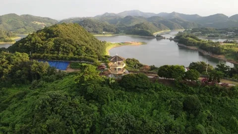 Aerial View of Mountain Pavilion Surrounded by Green Forest in Imsil, Korea Stock Footage 343197214