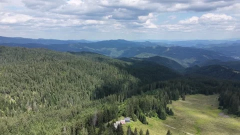 Aerial View of Mountain Pine Forest and Lodge under Cloudy Sky Stock Footage 340574022