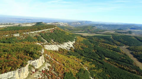Aerial View: Mountain plateau of Burunchak, near Bakhchisaray. Crimea Stock Footage 36063053