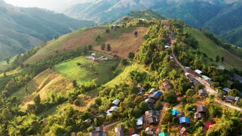 Aerial view of mountain range and tribal village in northern Thailand Stock Footage 146486160