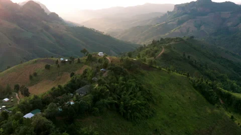 Aerial view of mountain range and tribal village in northern Thailand Stock Footage 146486293