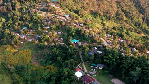 Aerial view of mountain range and tribal village in northern Thailand Stock Footage 146486362