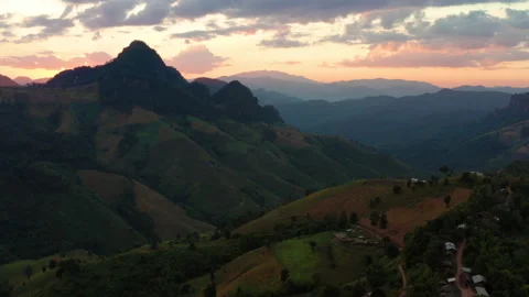 Aerial view of mountain range and tribal village in northern Thailand Stock Footage 146486809