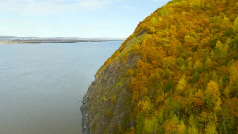 Aerial view of Mountain Range, Forest, Rock Coast near to River in Gold Autumn Stock Footage 165472080