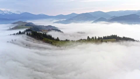 Aerial view of a mountain range forest is covered in morning fog. Low clouds Stock Footage 196728236
