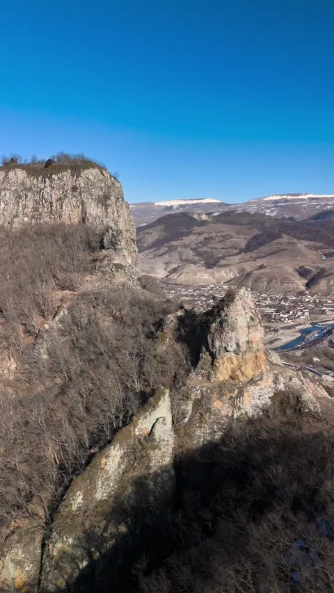 Aerial view of a mountain range with high cliffs. Stock Footage 304973581