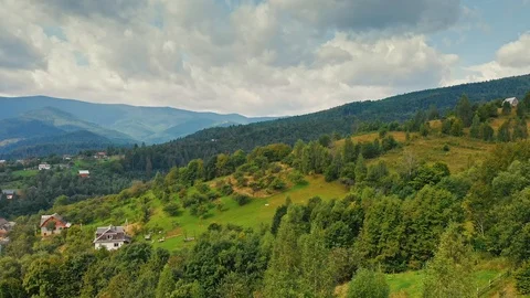 Aerial view of mountain range, road, and fir forest with village on background. Stock Footage 120276618