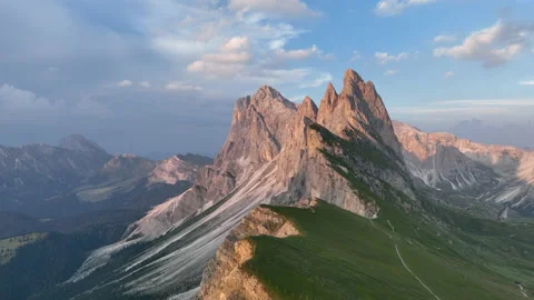 Aerial view of the mountain range of Seceda during a beautiful sunny day Stock Footage