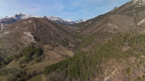 Aerial view of a mountain range with trees and snow Video stock 329627974