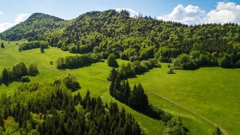 Aerial view of a mountain range with trees in the Tatra Mountains, Slovakia Stock Photos