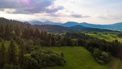 Aerial view of a mountain range with trees in the Tatra Mountains, Slovakia Stock Photos