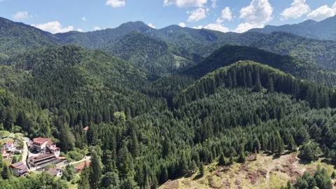 Aerial View of Mountain Resort Surrounded by Deep Green Forest Stock Footage 345477735