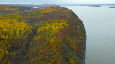 Aerial view of Mountain Ridge, Forest, Rocky Coast near to River in Gold Autumn Stock Footage 165471792