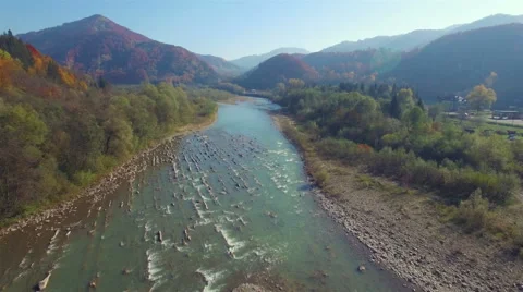 Aerial view of mountain river. Autumn Carpathians. Stock Footage 56767720