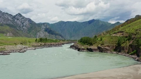 Aerial view of the mountain river between the rocks Stock Footage 317715953