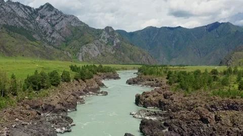 Aerial view of the mountain river between the rocks Stock Footage 317767058
