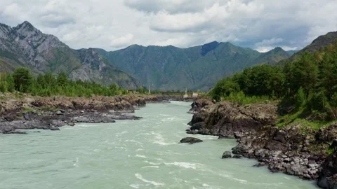 Aerial view of the mountain river between the rocks Stock Footage 317767066