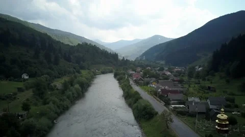 Aerial view to Mountain river in the Carpathians Stock Footage 233615215