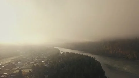 Aerial view of mountain river, Cheposh village, valleys and forest through Stock Footage 144201574