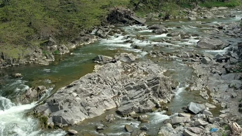 Aerial view of a mountain river. Eastern Carpathian mountains Stock Footage 91024673