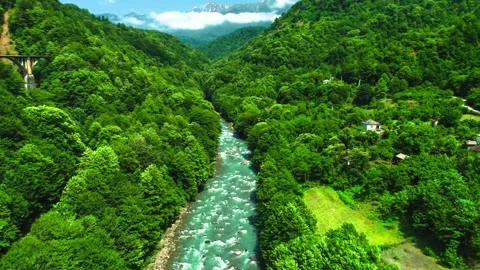 Aerial view of a mountain river flowing through a mountain gorge. Stock Footage 157724969