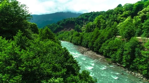Aerial view of a mountain river flowing through a mountain gorge. Stock Footage 157725624