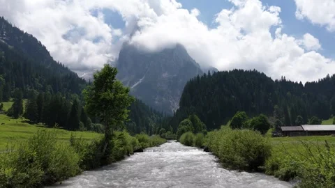 Aerial view of a mountain river flowing through a lush green valley in the alps Stock Footage 317815896