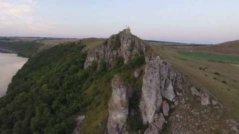 Aerial view. Mountain river flows through highest rocks. Landscape. Stock Footage 211808229