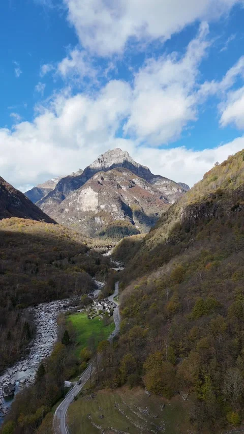 Aerial View of Mountain River Gorge in Switzerland During Autumn Stock Footage 320430686