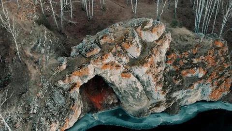 Aerial view of a mountain river in mountain gorge. The river. Early winter view 스톡 동영상 99605330