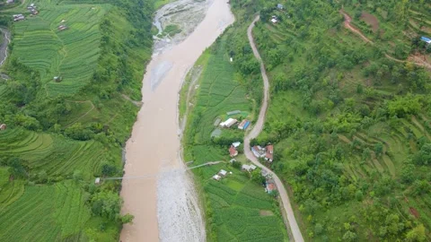 Aerial view of mountain river in Nepal Stock Footage 155366574