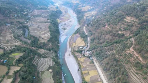 Aerial view of mountain river in Nepal, Stock Footage 155366837