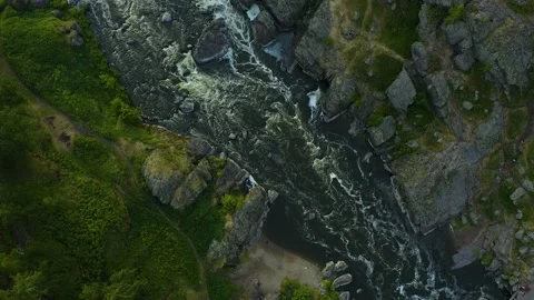 Aerial view on mountain river with rapids rocks and rocks in the forest. The Stock Footage 133164023