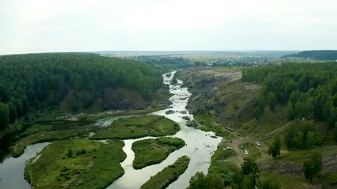 Aerial view on mountain river with rapids rocks and rocks in the forest Stock Footage 165345898