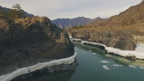 Aerial view of mountain river in the spring Stock Footage 74080474