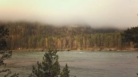 Aerial view of mountain river, valleys and forest through clouds in the morning Stock-Footage 144201037