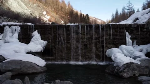 Aerial view mountain river. Waterfall in winter season. Slow Motion 4K 스톡 동영상 172249822