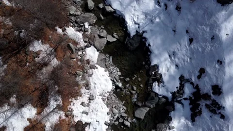 Aerial view mountain river in winter. Snowy landscape. Wild nature. Video 4K Video stock 172219037