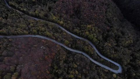 Aerial view of mountain road with switchbacks, in the autumn of evening Stock Footage 119790694