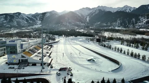 Aerial view of mountain ski stadium with snow Stock Footage 330050876